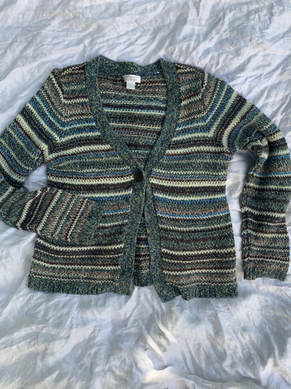 y2K style green and blue long sleeve sweater, 1 button, granola